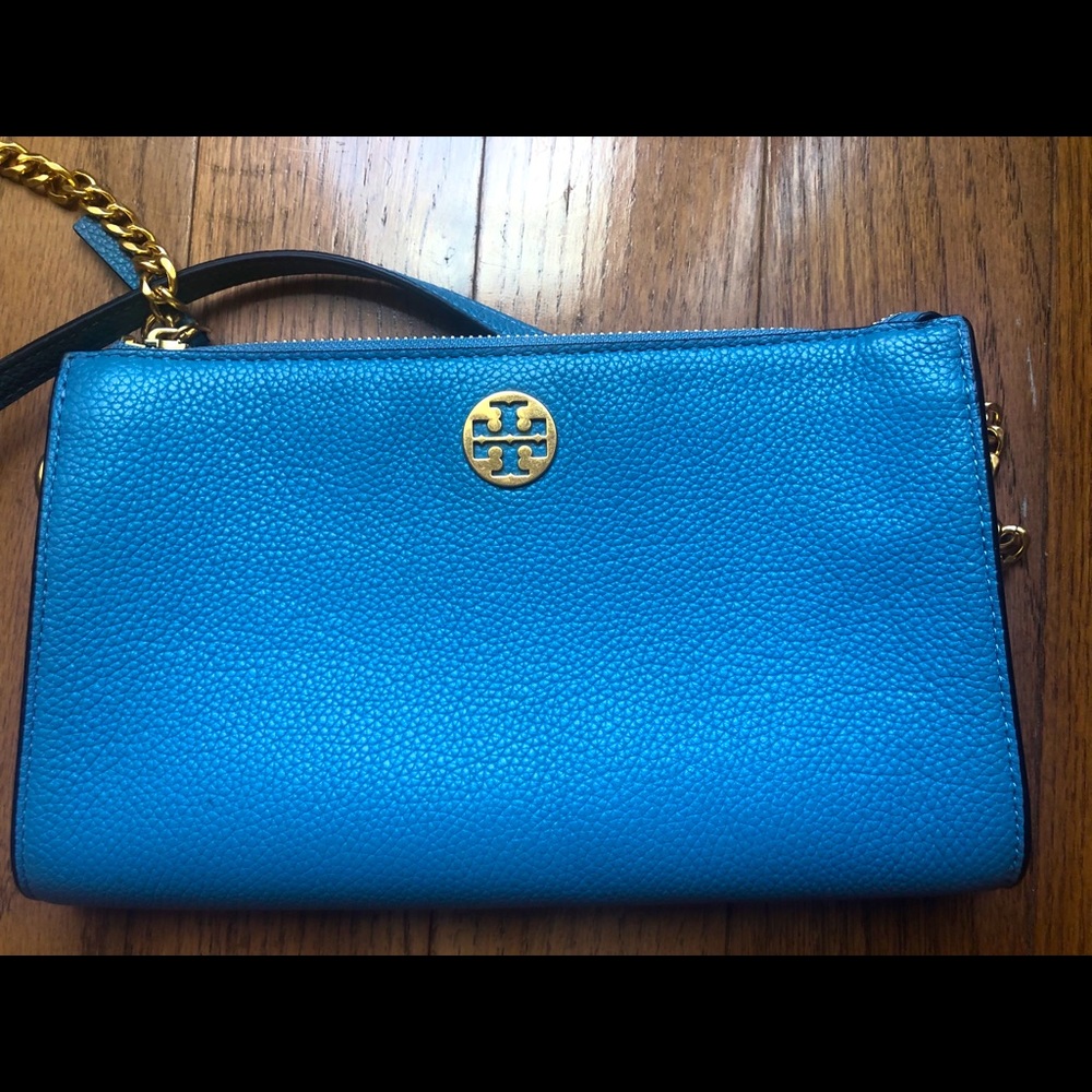 Tory Burch Turquoise Blue Pebbled Leather Crossbody Wristlet with Gold Logo